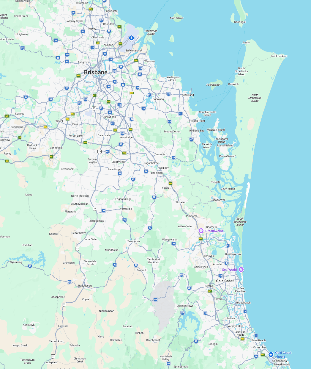 Map of LCMB Group's service area, running from Brisbane in the north down through Logan and the Gold Coast to Tweed Heads in the south